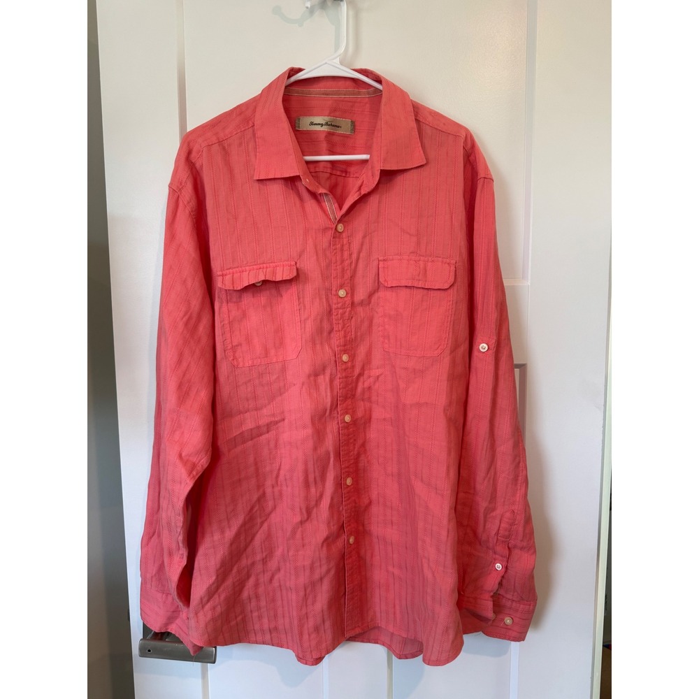 Tommy Bahama Mens XL Coral Pink Linen Cotton Stripe Roll Tab Shirt beach vaca